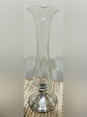 Antique Cut-Princess Glass Bud Vase with Sterling Silver Base